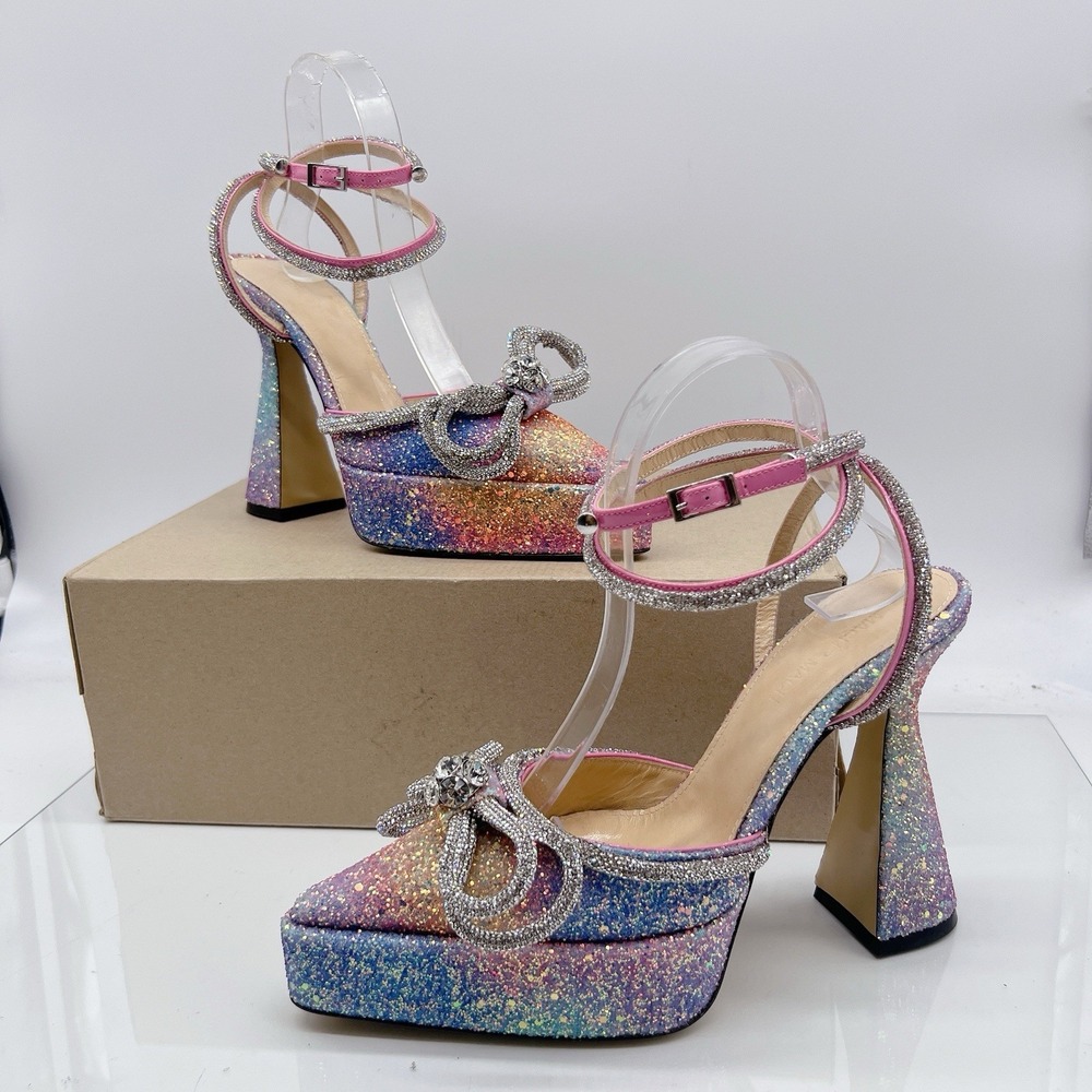 Mach & Mach Double Bow Platform Pointed Toe Heel Crystal Glitter Blue Pink EU 38